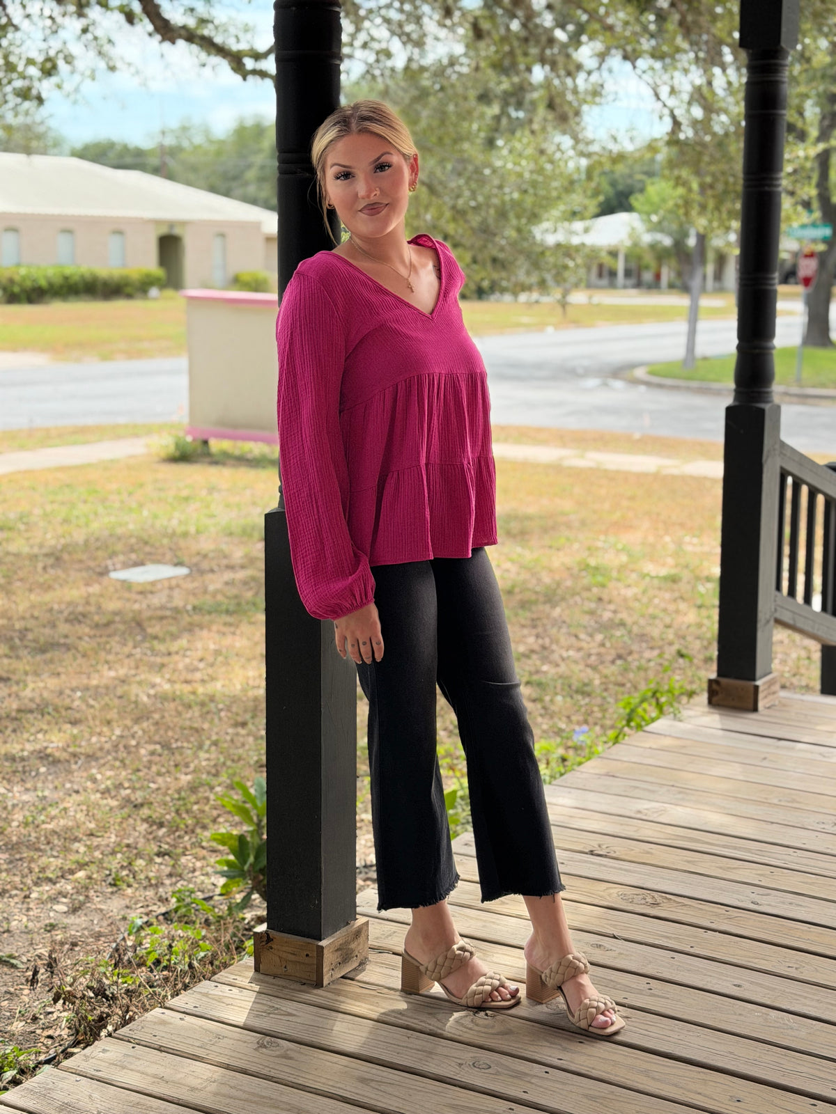 Textured Magenta Tiered Blouse