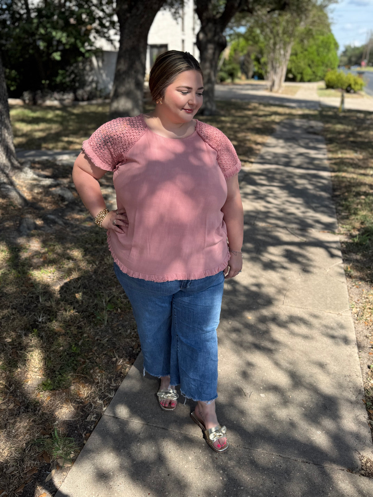 Umgee Pink Crochet Sleeve Top