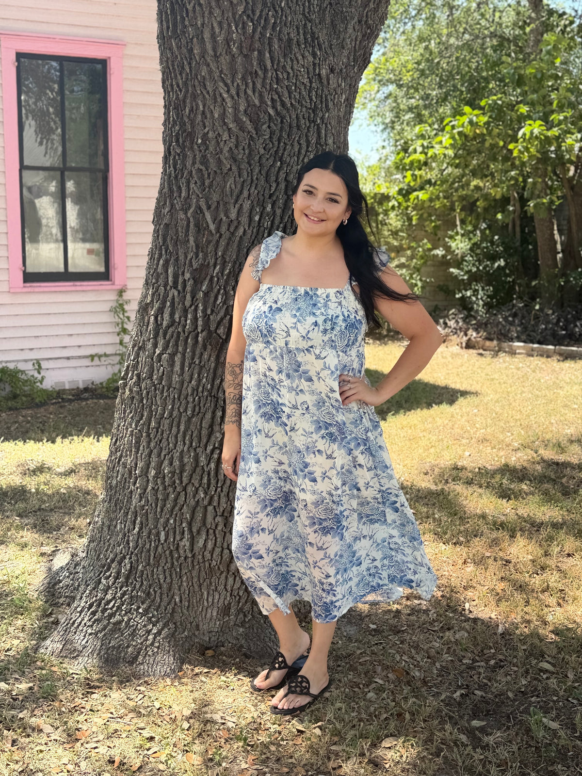 Blue & White Floral Ruffle Dress