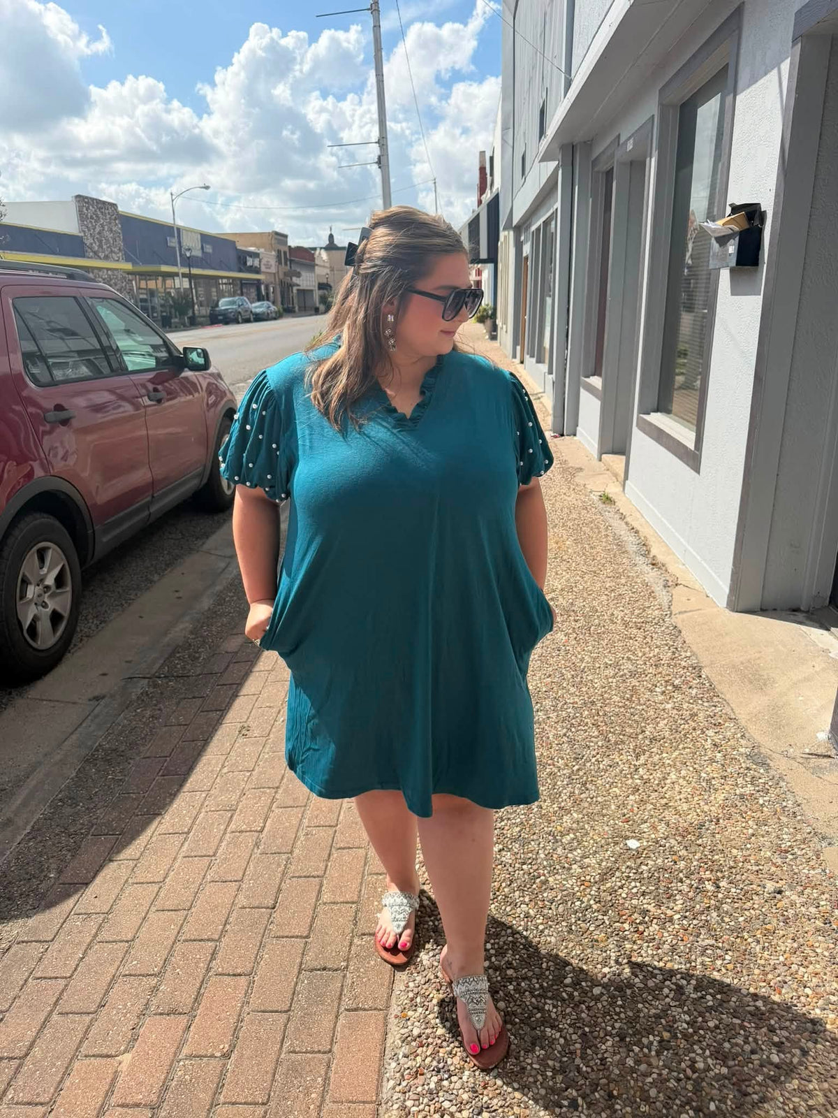 Teal Pearl Sleeve Dress
