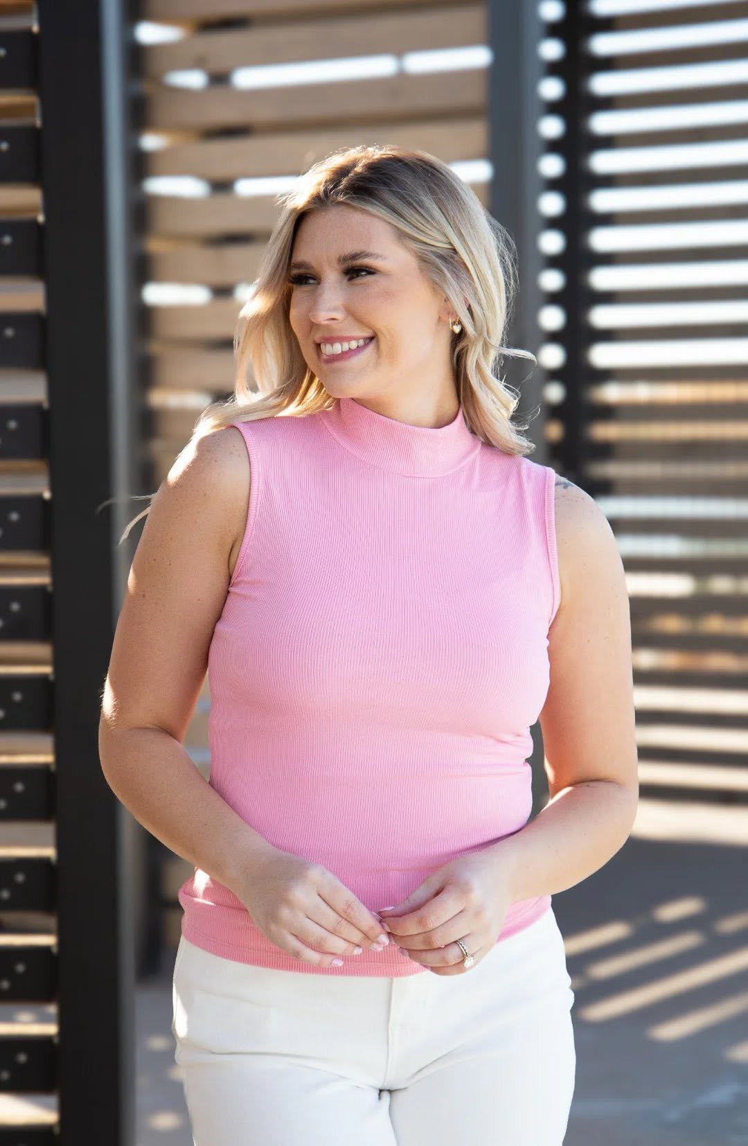 Pink Mock Neck Ribbed Tank
